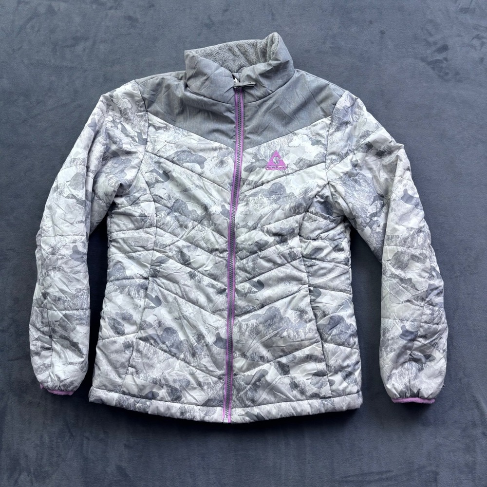 Gerry Girls Camo Puffer Jacket Gray White Purple Full Zip Quilted Size L 14/16